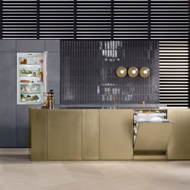 Touchless Techology – Wide Kitchen Shot | Hubble Kitchens wide shot of a grey and olive coloured touchless kitchen